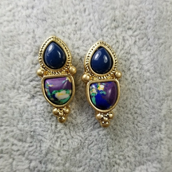 Blue Resin Stones Stud Earrings - Picture 2 of 6
